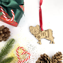 Load image into Gallery viewer, Personalised Papillion Bauble Jumper Dog Bauble - Oak Veneer Wood - Add any name