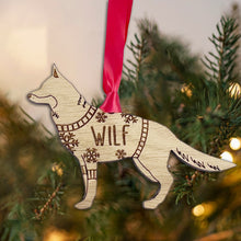 Load image into Gallery viewer, Personalised German Shepherd Bauble Jumper Dog Bauble - Oak Veneer Wood - Add any name