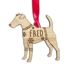 Load image into Gallery viewer, Personalised Fox Terrier Bauble Jumper Dog Bauble - Oak Veneer Wood - Add any name