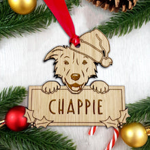 Load image into Gallery viewer, Personalised Border Collie Dog Bauble - Peeking Dog - Oak Veneer Wood - Add your own name!
