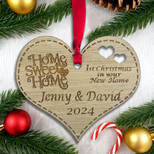 Load image into Gallery viewer, Personalised First Christmas in New Home Heart Tree Decoration - Sustainable Oak Wooden Bauble