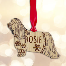 Load image into Gallery viewer, Personalised Bearded Collie Bauble Jumper Dog Bauble - Oak Veneer Wood - Add any name