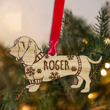 Load image into Gallery viewer, Personalised Basset Hound Bauble Jumper Dog Bauble - Oak Veneer Wood - Add any name
