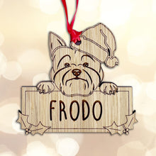 Load image into Gallery viewer, Personalised Yorkshire Terrier Dog Bauble - Peeking Dog - Oak Veneer Wood - Add your own name!