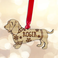 Load image into Gallery viewer, Personalised Basset Hound Bauble Jumper Dog Bauble - Oak Veneer Wood - Add any name