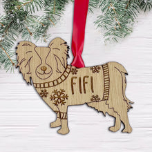 Load image into Gallery viewer, Personalised Papillion Bauble Jumper Dog Bauble - Oak Veneer Wood - Add any name