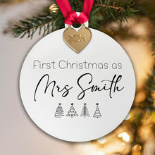 Load image into Gallery viewer, Personalised First Christmas as Mrs Surname Tree Decoration Bauble - Acrylic | Gift Boxed