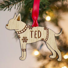 Load image into Gallery viewer, Personalised Boston Terrier Bauble Jumper Dog Bauble - Oak Veneer Wood - Add any name