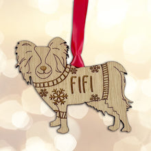 Load image into Gallery viewer, Personalised Papillion Bauble Jumper Dog Bauble - Oak Veneer Wood - Add any name