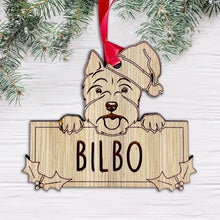 Load image into Gallery viewer, Personalised Westie Dog Bauble - Peeking Dog - Oak Veneer Wood - Add your own name!