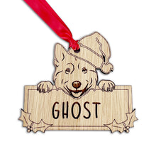 Load image into Gallery viewer, Personalised Husky Dog Bauble - Peeking Dog - Oak Veneer Wood - Add your own name!