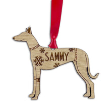 Load image into Gallery viewer, Personalised Podenco Bauble Jumper Dog Bauble - Oak Veneer Wood - Add any name