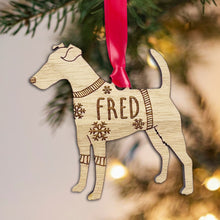 Load image into Gallery viewer, Personalised Fox Terrier Bauble Jumper Dog Bauble - Oak Veneer Wood - Add any name