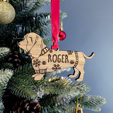 Load image into Gallery viewer, Personalised Basset Hound Bauble Jumper Dog Bauble - Oak Veneer Wood - Add any name