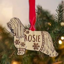 Load image into Gallery viewer, Personalised Bearded Collie Bauble Jumper Dog Bauble - Oak Veneer Wood - Add any name