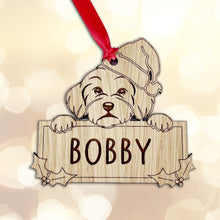 Load image into Gallery viewer, Personalised Bichon Frise Dog Bauble - Peeking Dog - Oak Veneer Wood - Add your own name!