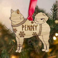 Load image into Gallery viewer, Personalised Finnish Spitz Bauble Jumper Dog Bauble - Oak Veneer Wood - Add any name