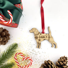 Load image into Gallery viewer, Personalised Beagle Bauble Jumper Dog Bauble - Oak Veneer Wood - Add any name