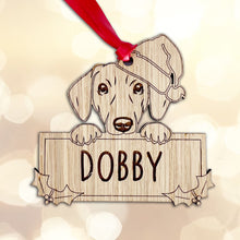 Load image into Gallery viewer, Personalised Dachshund Dog Bauble - Peeking Dog - Oak Veneer Wood - Add your own name!