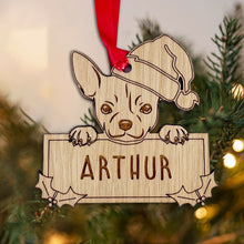 Load image into Gallery viewer, Personalised Chihuahua Dog Bauble - Peeking Dog - Oak Veneer Wood - Add your own name!