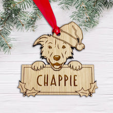 Load image into Gallery viewer, Personalised Border Collie Dog Bauble - Peeking Dog - Oak Veneer Wood - Add your own name!