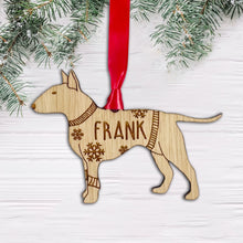 Load image into Gallery viewer, Personalised English Bull Terrier Bauble Jumper Dog Bauble - Oak Veneer Wood - Add any name