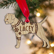Load image into Gallery viewer, Personalised Border Terrier Bauble Jumper Dog Bauble - Oak Veneer Wood - Add any name