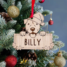 Load image into Gallery viewer, Staffy Akita Dog Bauble - Peeking Dog - Oak Veneer Wood - Add your own name!