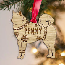 Load image into Gallery viewer, Personalised Finnish Spitz Bauble Jumper Dog Bauble - Oak Veneer Wood - Add any name
