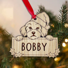 Load image into Gallery viewer, Personalised Bichon Frise Dog Bauble - Peeking Dog - Oak Veneer Wood - Add your own name!