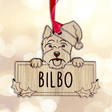 Load image into Gallery viewer, Personalised Westie Dog Bauble - Peeking Dog - Oak Veneer Wood - Add your own name!