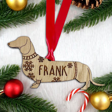 Load image into Gallery viewer, Personalised Daschund Bauble Jumper Dog Bauble - Oak Veneer Wood - Add any name
