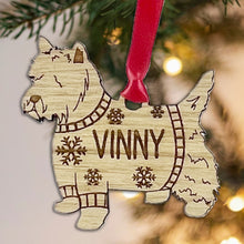 Load image into Gallery viewer, Personalised Westie Bauble Jumper Dog Bauble - Oak Veneer Wood - Add any name