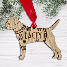 Load image into Gallery viewer, Personalised Border Terrier Bauble Jumper Dog Bauble - Oak Veneer Wood - Add any name