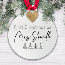 Load image into Gallery viewer, Personalised First Christmas as Mrs Surname Tree Decoration Bauble - Acrylic | Gift Boxed