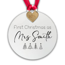 Load image into Gallery viewer, Personalised First Christmas as Mrs Surname Tree Decoration Bauble - Acrylic | Gift Boxed