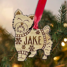 Load image into Gallery viewer, Personalised Yorkshire Terrier Bauble Jumper Dog Bauble - Oak Veneer Wood - Add any name