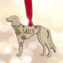 Load image into Gallery viewer, Personalised Saluki Bauble Jumper Dog Bauble - Oak Veneer Wood - Add any name
