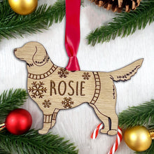 Load image into Gallery viewer, Personalised Golden Retriever Bauble Jumper Dog Bauble - Oak Veneer Wood - Add any name