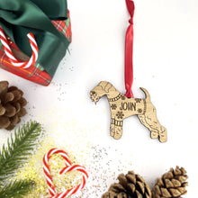 Load image into Gallery viewer, Personalised Lakeland Bauble Jumper Dog Bauble - Oak Veneer Wood - Add any name