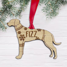 Load image into Gallery viewer, Personalised Rhodesian Bauble Jumper Dog Bauble - Oak Veneer Wood - Add any name