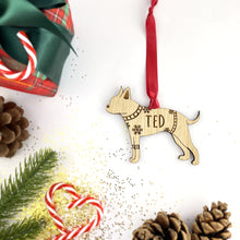 Load image into Gallery viewer, Personalised Boston Terrier Bauble Jumper Dog Bauble - Oak Veneer Wood - Add any name