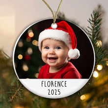 Load image into Gallery viewer, Personalised Christmas Baby Ceramic Photo Bauble