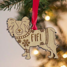 Load image into Gallery viewer, Personalised Papillion Bauble Jumper Dog Bauble - Oak Veneer Wood - Add any name