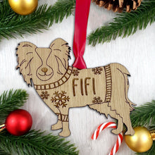 Load image into Gallery viewer, Personalised Papillion Bauble Jumper Dog Bauble - Oak Veneer Wood - Add any name