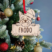 Load image into Gallery viewer, Personalised Yorkshire Terrier Dog Bauble - Peeking Dog - Oak Veneer Wood - Add your own name!