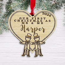 Load image into Gallery viewer, Personalised Mr & Mr Stick Figure Tree Decoration - Sustainable Oak Wooden Bauble
