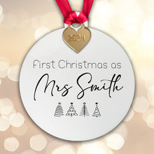 Load image into Gallery viewer, Personalised First Christmas as Mrs Surname Tree Decoration Bauble - Acrylic | Gift Boxed