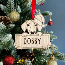 Load image into Gallery viewer, Personalised Dachshund Dog Bauble - Peeking Dog - Oak Veneer Wood - Add your own name!