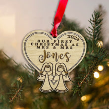 Load image into Gallery viewer, Personalised Mrs & Mrs Stick Figure Tree Decoration - Sustainable Oak Wooden Bauble